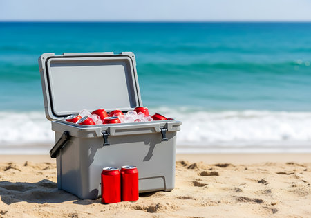 A gray cooler sits open on a sandy beach, filled with red beverage cans and ice. Two additional red cans stand beside the cooler. The ocean with gentle waves is visible in the background under a clear sky.の素材