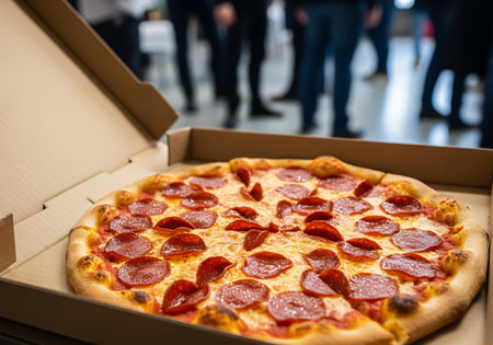 A close-up shot of a whole pepperoni pizza in a cardboard box. The pizza has a golden-brown crust, melted cheese, and numerous slices of pepperoni. The box is open, revealing the pizza inside. In the background, blurred figures of people can be seen.の素材
