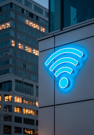 A bright blue neon wifi symbol glows on the side of a modern building. The symbol consists of three curved lines radiating from a central circle, all outlined in vibrant blue light. In the background, a taller building with many windows is visible, with warm light emanating from some of the interior spaces. The scene is set against a twilight sky.の素材