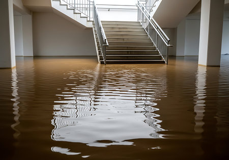 An interior scene shows a wide staircase with metal railings submerged in murky brown water. The water has ripples and reflects the stairs and surrounding white walls and columns. The floor is completely covered by the flood.の素材