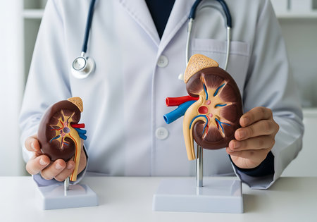 A person wearing a white medical coat and a stethoscope holds two anatomical models of human kidneys. The models are detailed, showing the internal structures with colors representing blood vessels and tissue. The models are mounted on white stands and placed on a white surface.の素材