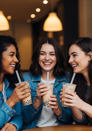 Three young women are smiling and laughing while holding plastic cups of bubble tea with straws. They are wearing casual clothing, including denim jackets. The background is blurred and shows warm lighting from overhead lamps. The women appear to be enjoying each other's company and their drinks.の素材