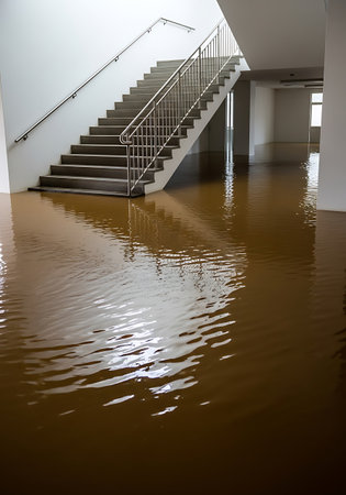 A modern interior staircase with metal railings is partially submerged in murky brown water. The water reflects the light and the structure of the stairs, creating ripples on the surface. The surrounding walls are white, and the floor beyond the water appears to be a light color.の素材