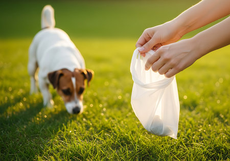 A person's hands hold open a white plastic bag, preparing to collect dog waste on a grassy field. A white and brown Jack Russell terrier is visible in the background, sniffing the ground. The scene is illuminated by warm, late afternoon sunlight, casting a soft glow on the green grass.の素材