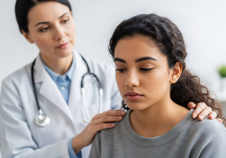 A doctor in a white coat with a stethoscope around her neck places a comforting hand on the shoulder of a young woman who appears worried and sad. The doctor looks down with a concerned expression, while the patient looks away with a somber gaze. The background is softly blurred, suggesting an indoor medical setting.の素材