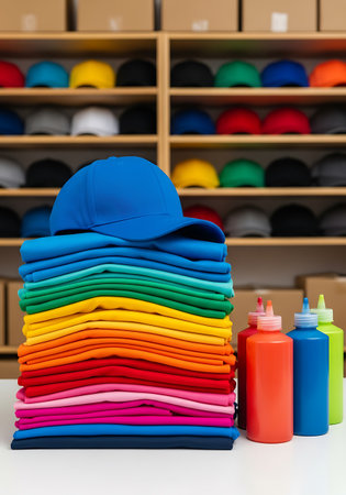 A blue baseball cap rests on top of a tall stack of neatly folded t-shirts, arranged in a rainbow gradient of colors from red and orange to yellow, green, blue, and purple. To the right of the stack are three colorful squeeze bottles, likely containing paint or dye, with red, blue, and green caps. In the background, wooden shelves are filled with more caps and cardboard boxes.の素材