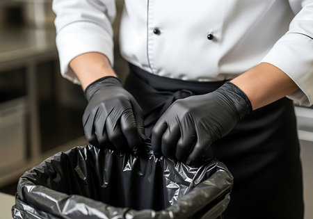 A person wearing a white chef's jacket and black apron, with black gloves on their hands, is shown securing the top of a black trash bag. The background appears to be a commercial kitchen environment with stainless steel surfaces.の素材