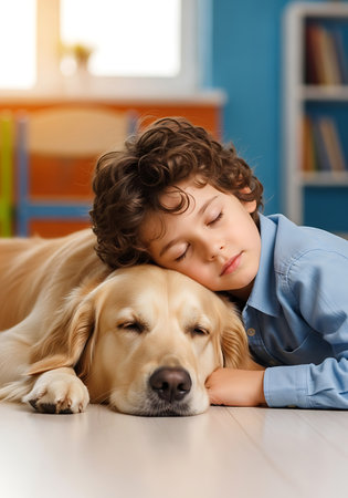 A young boy with curly brown hair sleeps with his head resting on the back of a golden retriever dog. The dog is also sleeping, lying on a light-colored wooden floor. The boy is wearing a blue collared shirt. The background is softly blurred, showing hints of a room with blue walls and orange furniture, and a window with sunlight streaming in.の素材