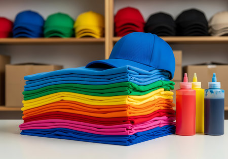 A stack of folded shirts in rainbow colors is arranged on a surface, topped with a blue baseball cap. To the right of the shirts are three squeeze bottles containing red, yellow, and dark blue ink. In the background, shelves are stocked with various colored caps and cardboard boxes.の素材