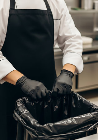 A person wearing a white chef's coat and a black apron is shown from the chest down. They are wearing black disposable gloves and are in the process of tying the drawstring of a black trash bag. The background appears to be a commercial kitchen with stainless steel surfaces.の素材