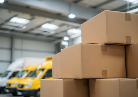 A close-up view of stacked brown cardboard boxes in a warehouse. In the background, several yellow and white vans are parked in a row. The warehouse interior features a high ceiling with industrial lighting and skylights. The focus is on the stacked boxes in the foreground, with the vehicles and warehouse environment blurred.の素材