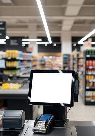 A close-up view of a modern checkout counter in a retail store. In the foreground, a black touchscreen display is prominently featured, with a blank white screen. To its right, a silver and black payment terminal with a blue screen and keypad sits ready for transactions. To the left, a gray receipt printer is visible. The background is blurred, showing shelves stocked with products and bright overhead lighting, indicating a commercial environment.の素材