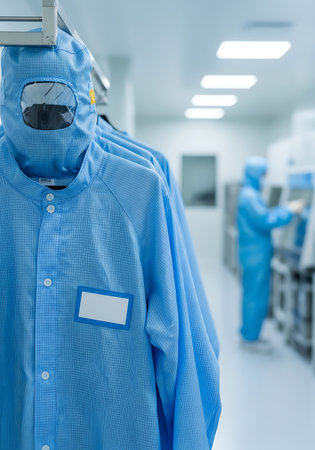 Several light blue cleanroom suits with hoods are hanging on a rack in a sterile environment. The suits have white labels on the chest. In the background, a person in a similar blue suit is working at a machine. The room is brightly lit with overhead fluorescent lights.の素材