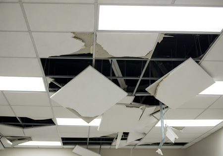 A damaged suspended ceiling with multiple white panels broken and hanging loose. The exposed grid structure and dark void above are visible through the gaps. Some panels are completely detached, revealing the underlying framework and darkness. Integrated lighting panels are still functional in some areas.の素材