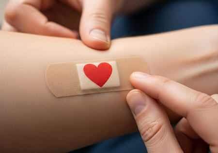 A close-up shot shows a beige adhesive bandage with a red heart design being applied to a person's arm. Fingers are visible holding and pressing the bandage onto the skin. The background is a dark, blurred color.の素材