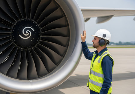 A man in a white hard hat, ear protection, and a yellow safety vest stands on an airport tarmac, his hand resting on the large, metallic casing of a jet engine. The engine features dark gray fan blades with a white spiral logo in the center. The wing of an airplane is visible in the background.の素材