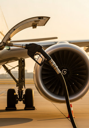 A close-up view of a black fueling nozzle connected to an airplane's fuel port, with the large silver jet engine and landing gear visible in the background. The scene is set on an airport tarmac under warm sunlight, highlighting the metallic textures of the aircraft and equipment. An orange and white cone is visible near the fueling hose.の素材