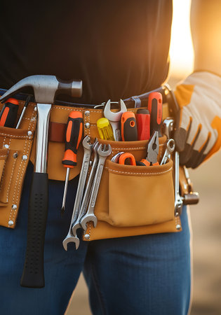 A close-up shot of a person wearing a leather tool belt filled with various hand tools. Visible items include a hammer with a black handle, several screwdrivers with orange and black grips, a set of silver wrenches, pliers, and a work glove with orange accents. The tool belt is worn over blue jeans. The background is blurred with warm sunlight casting a glow.の素材