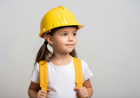 A young girl with brown pigtails wears a bright yellow hard hat and a yellow backpack over a white t-shirt. She is looking to the right of the frame with a slight smile. The background is a plain, light gray.の素材