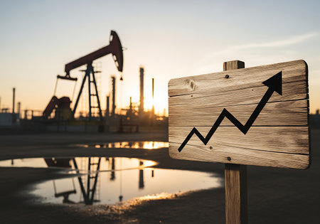 A wooden sign with a black rising arrow graph is in the foreground, with an oil rig and refinery in the background at sunset. The sky is a soft orange and yellow, and there are puddles of water reflecting the industrial landscape.の素材