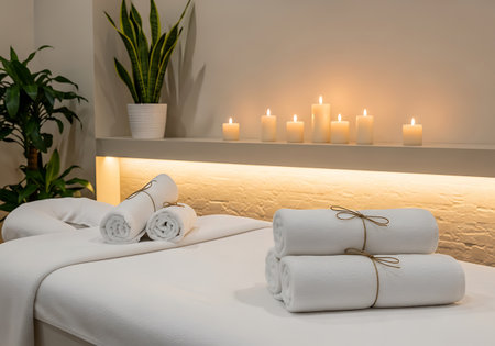 A serene spa room is depicted with a massage table covered in white linens. Several white rolled towels, some tied with twine, are neatly arranged on the table. In the background, a shelf holds multiple lit white candles, casting a warm glow. Two potted green plants add a touch of nature to the scene, and soft ambient lighting illuminates the textured wall.の素材