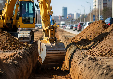 A yellow excavator is actively digging a trench in the dirt. Piles of soil are visible next to the excavation. In the background, there is a road with traffic and buildings, indicating an urban construction setting. The scene is illuminated by daylight.の素材