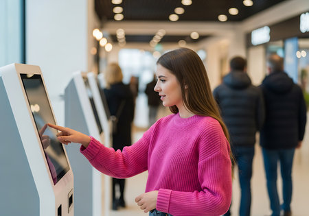 A young woman with long brown hair, wearing a bright pink knitted sweater, is using a white digital kiosk. Her finger is touching the screen of the kiosk, which is displaying information. In the background, other people are visible, blurred, walking through a brightly lit indoor space, likely a shopping mall.の素材