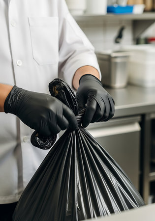 A person wearing a white coat and black gloves is shown tying the top of a full black trash bag. The background suggests a commercial kitchen environment with stainless steel surfaces and shelving. The focus is on the action of securing the waste.の素材