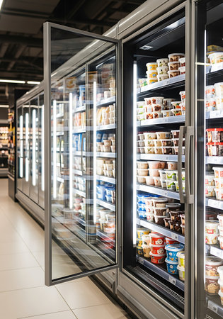 A row of refrigerated display cases in a grocery store. The doors of one case are open, revealing multiple shelves stocked with various food products in containers. The products appear to be dairy items, frozen desserts, and other chilled goods. The cases are illuminated by internal lighting, and the floor is tiled.の素材