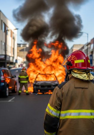 A firefighter in a brown uniform with reflective yellow stripes and a red helmet stands in the foreground, facing away from the camera. In the background, a car is engulfed in bright orange flames and thick black smoke billows into the sky. Another firefighter in a similar uniform is visible further down the street, near the burning vehicle. Buildings line the street, and the sky is a clear blue.の素材