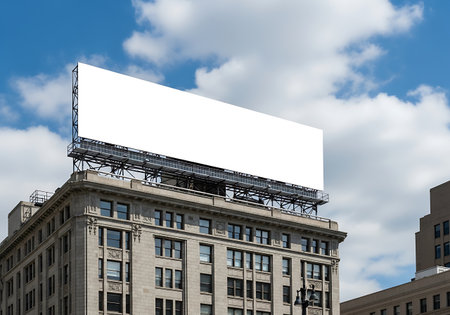 A large, blank white billboard is mounted on a metal frame atop a grey stone building. The building has multiple floors with numerous windows. The sky above is blue with scattered white clouds.の素材
