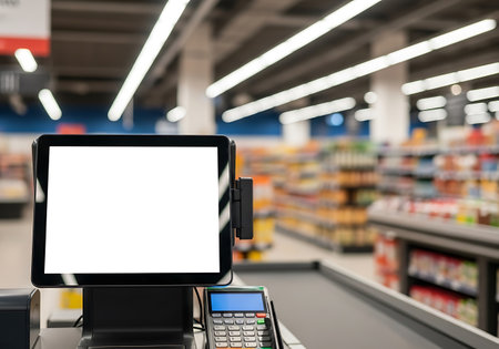 A modern black touchscreen register with a blank white screen sits on a checkout counter. Next to it is a gray payment terminal with a blue screen and keypad. The background is a blurred view of a brightly lit supermarket aisle filled with shelves of colorful products.の素材