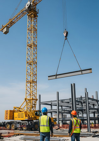 A large yellow crane lifts a steel beam over a construction site. Two workers wearing safety vests and hard hats stand and observe the operation. The skeletal structure of a building is visible in the background under a clear blue sky.の素材