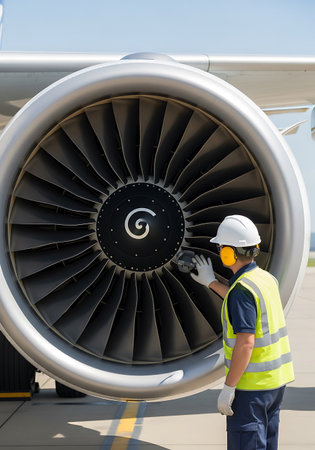 A worker in a yellow safety vest, white hard hat, and ear protection inspects a large aircraft jet engine. The worker wears white gloves and holds a device near the engine's dark turbine blades. The engine housing is silver, and the scene is set on an airport tarmac under a clear blue sky.の素材
