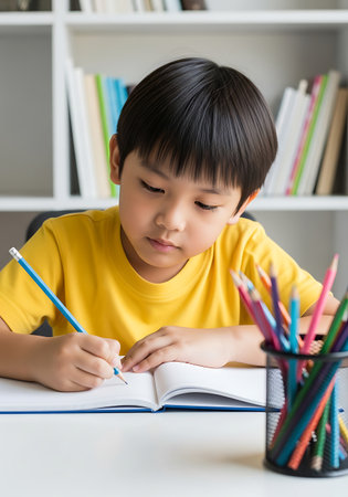 A young boy wearing a yellow shirt is focused on writing in an open notebook with a blue pencil. In front of him, a black holder contains a colorful assortment of pencils. Behind him, a white bookshelf is filled with books.の素材