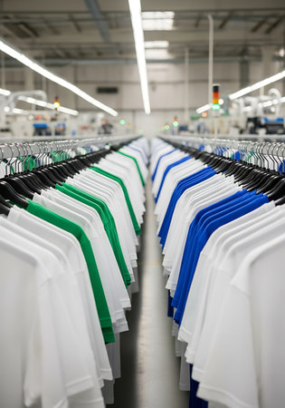 Rows of white green and blue shirts hang on metal racks with black hangers in a brightly lit industrial setting. The shirts are neatly arranged in parallel lines extending into the distance. The background shows a clean, modern factory or warehouse environment with overhead lighting and some machinery visible.の素材