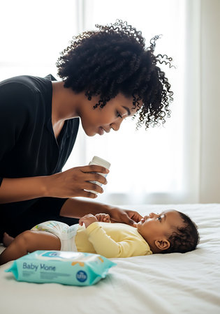 A Black woman with curly hair wearing a black top is leaning over a baby lying on a white bed. The baby is wearing a yellow long-sleeved shirt and a diaper. The woman is holding a white container of cream and her hand is near the baby's face. A package of baby wipes is in the foreground. The background is bright and out of focus, suggesting natural light coming from a window.の素材