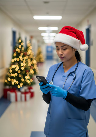 A nurse wearing a red Santa hat and blue scrubs with a stethoscope around her neck is looking at her smartphone. She is wearing blue medical gloves. In the background, a hospital hallway is decorated with illuminated Christmas trees and gift boxes. The hallway has bright overhead lights and blue accents on the floor.の素材