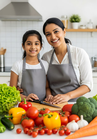 A mother and her young daughter stand in a bright kitchen, both wearing grey aprons. They are smiling at the camera, with a variety of fresh vegetables spread across the counter in front of them. The vegetables include red and yellow bell peppers, tomatoes, lettuce, broccoli, carrots, and garlic. A knife rests on a cutting board between them, suggesting they are preparing to cook. The background shows kitchen cabinets and a stainless steel range hood.の素材