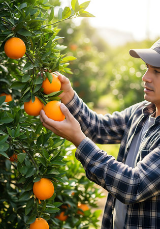 A man wearing a plaid shirt and a baseball cap is shown in an orange grove, carefully picking ripe oranges from a tree. The sunlight filters through the green leaves, illuminating the vibrant orange fruit. The background is softly blurred, suggesting a vast orchard.の素材