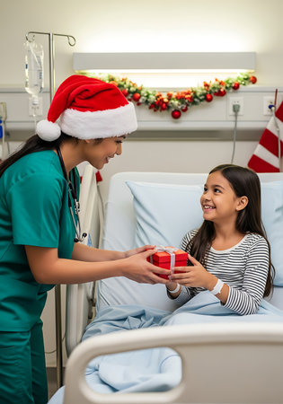 A nurse wearing a Santa hat and green scrubs smiles as she hands a red gift box with a white ribbon to a young girl in a hospital bed. The girl, wearing a striped shirt, smiles back. The hospital room is decorated with Christmas garland and ornaments.の素材