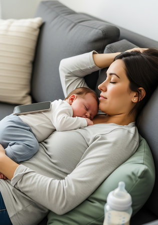 A woman with her eyes closed rests on a grey sofa, holding a sleeping baby on her chest. The baby wears a white and blue outfit, and a smartphone is placed on the baby's back. A baby bottle with milk is visible in the foreground.の素材