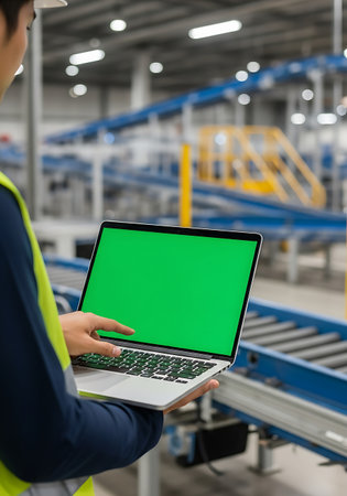 A person wearing a hard hat and a high-visibility vest holds a laptop with a green screen in a large industrial warehouse. The background features a complex system of blue conveyor belts and yellow structures, suggesting a logistics or manufacturing environment. The person's finger is extended, appearing to interact with the laptop screen.の素材