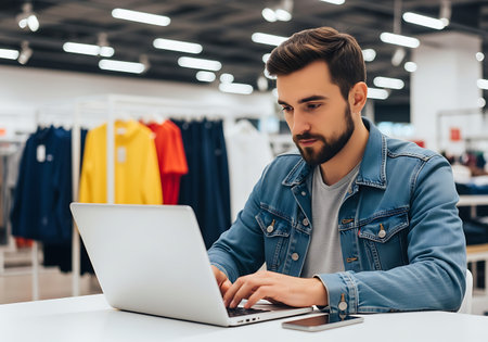 A man with a beard and a denim jacket is focused on typing on a silver laptop. A smartphone rests on the white table beside him. In the blurred background, racks of colorful clothing, including a bright yellow hoodie and a red shirt, are visible under bright overhead lights in what appears to be a retail store.の素材