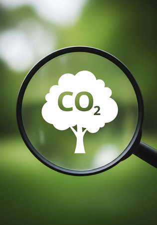 A white silhouette of a tree with the chemical symbol for carbon dioxide, CO2, superimposed on its canopy is viewed through a magnifying glass. The background is a blurred green natural setting.の素材