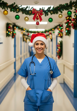 A smiling nurse wearing a Santa hat and blue scrubs stands in a hospital hallway decorated with Christmas garland, ornaments, and lights. A stethoscope is around her neck. The hallway has blue accents and overhead lighting.の素材