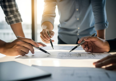 Three individuals are gathered around a table, intently examining architectural blueprints. Their hands, holding pens, are poised over the detailed drawings, suggesting a collaborative discussion or planning session. The scene is illuminated by bright light, casting shadows and highlighting the focused activity.の素材