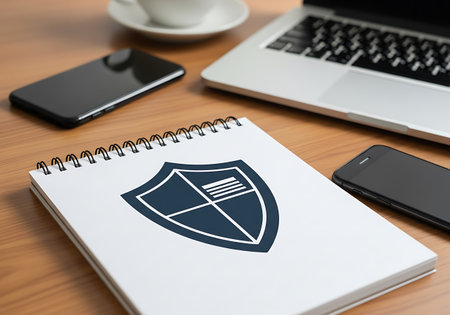 A white spiral-bound notebook with a dark blue shield logo is placed on a wooden desk. Next to the notebook are two black smartphones and a silver laptop. A white coffee cup and saucer are visible in the background.の素材