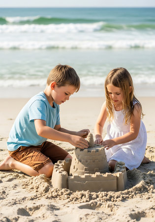 A young boy in a blue t-shirt and brown shorts and a young girl in a white dress are kneeling on a sandy beach, focused on building a sandcastle. They are using their hands to shape the wet sand. In the background, gentle waves roll onto the shore under a bright sky. The scene captures a moment of childhood play and summer enjoyment by the sea.の素材