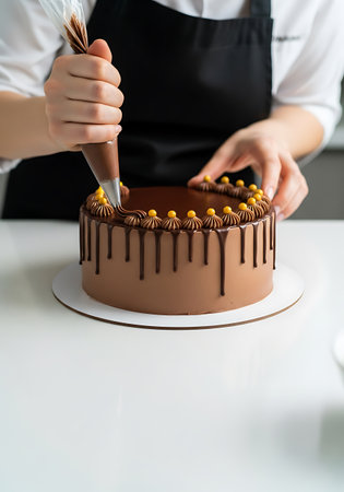A person wearing a black apron and white shirt is decorating a round chocolate cake. They are holding a piping bag filled with chocolate frosting and piping a decorative border around the top edge of the cake. The cake has a smooth brown frosting and a chocolate ganache drip effect down the sides. Small yellow spheres are placed on top of the piped frosting border. The cake is on a white cake board, which is on a white surface.の素材